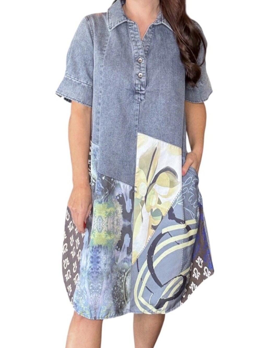 Lior RIna-1 Denium Dress Size M Pockets Lagenlook Patchwork